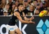 MELBOURNE, AUSTRALIA - MARCH 13: Carlton debutant Lucas Camporeale in action during the 2025 AFL Round 01 match between the Richmond Tigers and the Carlton Blues at the Melbourne Cricket Ground on March 13, 2025 in Melbourne, Australia. (Photo by Dylan Burns/AFL Photos via Getty Images)