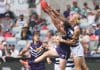 GEELONG, AUSTRALIA - MARCH 15: Sam De Koning of the Cats spoils Josh Treacy of the Dockers during the round one AFL match between Geelong Cats and Fremantle Dockers at GMHBA Stadium, on March 15, 2025, in Geelong, Australia. (Photo by Daniel Pockett/Getty Images)