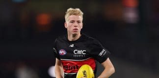 MELBOURNE, AUSTRALIA - MARCH 29: Tobie Travaglia of the Saints warms up ahead of the round three AFL match between St Kilda Saints and Richmond Tigers at Marvel Stadium, on March 29, 2025, in Melbourne, Australia. (Photo by Morgan Hancock/AFL Photos/via Getty Images)