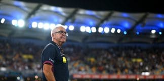 BRISBANE, AUSTRALIA - MARCH 29: Brisbane Lions senior coach Chris Fagan looks on after his team's victory during the round three AFL match between Brisbane Lions and Geelong Cats at The Gabba, on March 29, 2025, in Brisbane, Australia. (Photo by Albert Perez/AFL Photos via Getty Images)