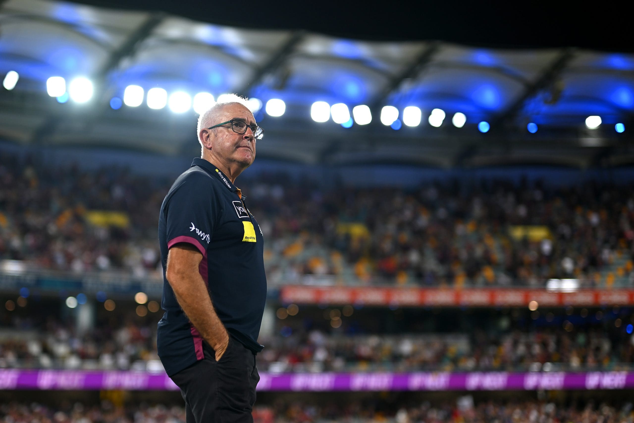 BRISBANE, AUSTRALIA - MARCH 29: Brisbane Lions senior coach Chris Fagan looks on after his team's victory during the round three AFL match between Brisbane Lions and Geelong Cats at The Gabba, on March 29, 2025, in Brisbane, Australia. (Photo by Albert Perez/AFL Photos via Getty Images)