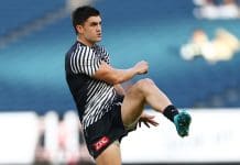 MELBOURNE, AUSTRALIA - APRIL 03: Brayden Maynard of the Magpies warms up ahead of the round four AFL match between Collingwood Magpies and Carlton Blues at Melbourne Cricket Ground, on April 03, 2025, in Melbourne, Australia. (Photo by Morgan Hancock/AFL Photos/via Getty Images)