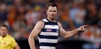 ADELAIDE, AUSTRALIA - APRIL 10: Patrick Dangerfield of the Cats celebrates a goal during the 2025 AFL Round 05 match between the Adelaide Crows and the Geelong Cats at Adelaide Oval on April 10, 2025 in Adelaide, Australia. (Photo by Michael Willson/AFL Photos via Getty Images)