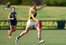 MELBOURNE, AUSTRALIA - APRIL 13: Tom McCarthy of the Tigers kicks during the Marsh AFL National Academy Boys match between Australia U18 and Richmond VFL at RSEA Park on April 13, 2025 in Melbourne, Australia. (Photo by Josh Chadwick/AFL Photos/via Getty Images)