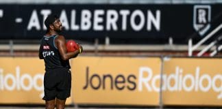 ADELAIDE, AUSTRALIA - APRIL 16: Willie Rioli of the Power during a Port Adelaide Power AFL training session at Alberton Oval on April 16, 2025 in Adelaide, Australia. (Photo by Mark Brake/Getty Images)