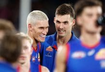 MELBOURNE, AUSTRALIA - APRIL 20: Rory Lobb (left) and Sam Darcy of the Bulldogs look on after Darcy was subbed from the match with injury during the 2025 AFL Round 06 match between the Western Bulldogs and the St Kilda Saints at Marvel Stadium on April 20, 2025 in Melbourne, Australia. (Photo by Michael Willson/AFL Photos via Getty Images)