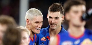 MELBOURNE, AUSTRALIA - APRIL 20: Rory Lobb (left) and Sam Darcy of the Bulldogs look on after Darcy was subbed from the match with injury during the 2025 AFL Round 06 match between the Western Bulldogs and the St Kilda Saints at Marvel Stadium on April 20, 2025 in Melbourne, Australia. (Photo by Michael Willson/AFL Photos via Getty Images)