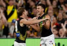 MELBOURNE, AUSTRALIA - APRIL 24: Tom Lynch (left) and Steely Green of the Tigers celebrate during the 2025 AFL Round 07 match between the Melbourne Demons and the Richmond Tigers at the Melbourne Cricket Ground on April 24, 2025 in Melbourne, Australia. (Photo by Michael Willson/AFL Photos via Getty Images)