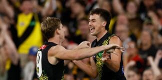 MELBOURNE, AUSTRALIA - APRIL 24: Tom Lynch (left) and Steely Green of the Tigers celebrate during the 2025 AFL Round 07 match between the Melbourne Demons and the Richmond Tigers at the Melbourne Cricket Ground on April 24, 2025 in Melbourne, Australia. (Photo by Michael Willson/AFL Photos via Getty Images)