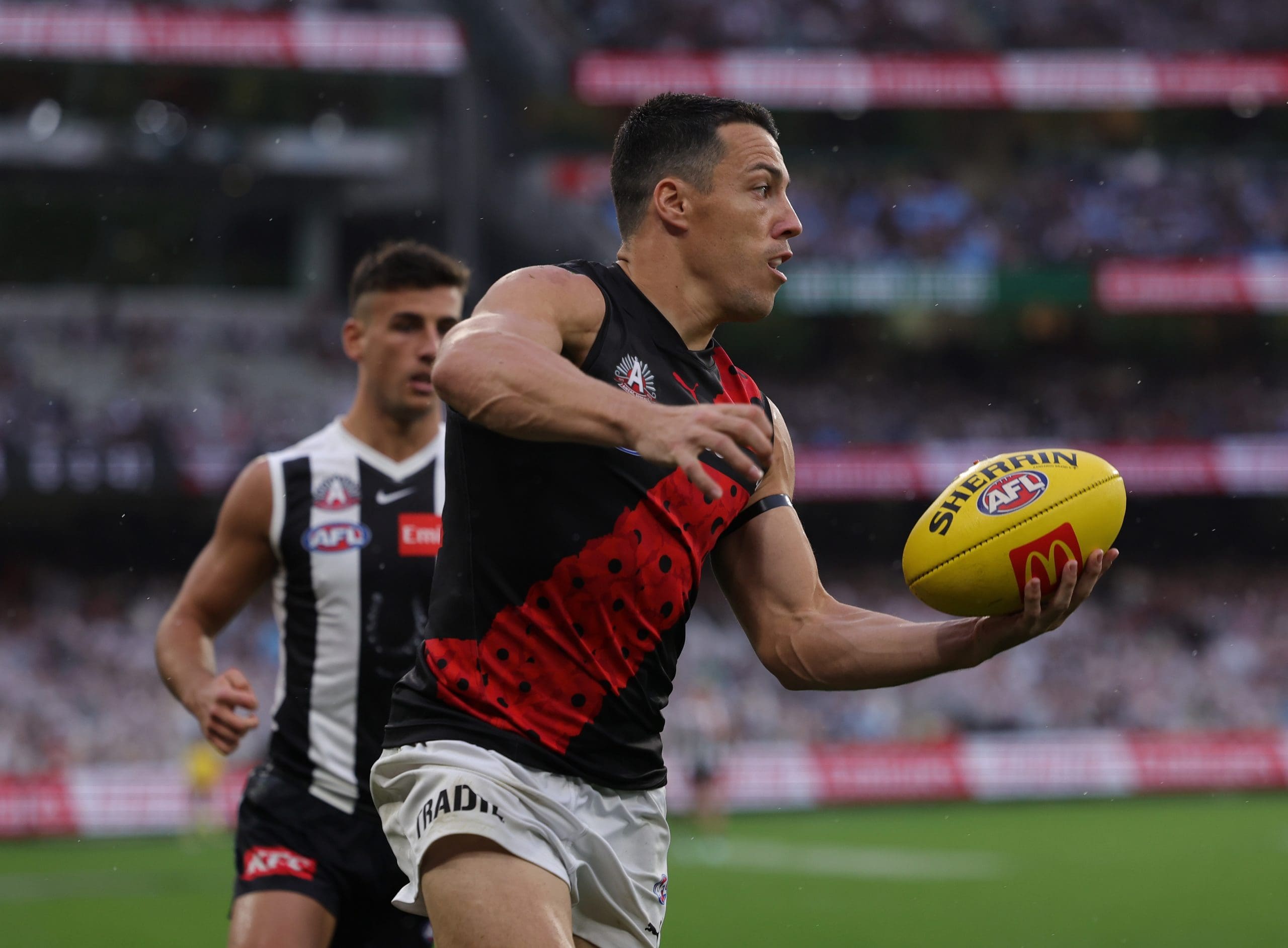 MELBOURNE, AUSTRALIA - APRIL 25: Dylan Shiel of the Bombers during the 2025 AFL Round 07 match between the Collingwood Magpies and the Essendon Bombers at the Melbourne Cricket Ground on April 25, 2025 in Melbourne, Australia. (Photo by James Wiltshire/AFL Photos via Getty Images)