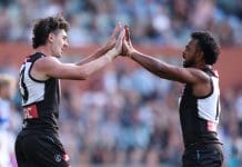 ADELAIDE, AUSTRALIA - APRIL 26: Darcy Byrne-Jones of the Power celebrates a goal with teammate Willie Rioli during the round seven AFL match between Port Adelaide Power and North Melbourne Kangaroos at Adelaide Oval, on April 26, 2025, in Adelaide, Australia. (Photo by Maya Thompson/Getty Images)