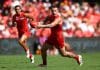 GOLD COAST, AUSTRALIA - APRIL 27: Bailey Humphrey of the Suns kicks during the round seven AFL match between Gold Coast Suns and Sydney Swans at People First Stadium, on April 27, 2025, in Gold Coast, Australia. (Photo by Chris Hyde/Getty Images)