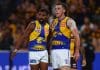 MELBOURNE, AUSTRALIA - APRIL 27: Liam Ryan and Jake Waterman of the Eagles celebrate a goal during the round seven AFL match between Hawthorn Hawks and West Coast Eagles at Marvel Stadium, on April 27, 2025, in Melbourne, Australia. (Photo by Morgan Hancock/Getty Images)