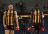MELBOURNE, AUSTRALIA - APRIL 27: Josh Battle and Mabior Chol of the Hawks celebrate victory following the round seven AFL match between Hawthorn Hawks and West Coast Eagles at Marvel Stadium, on April 27, 2025, in Melbourne, Australia. (Photo by Morgan Hancock/Getty Images)