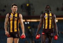 MELBOURNE, AUSTRALIA - APRIL 27: Josh Battle and Mabior Chol of the Hawks celebrate victory following the round seven AFL match between Hawthorn Hawks and West Coast Eagles at Marvel Stadium, on April 27, 2025, in Melbourne, Australia. (Photo by Morgan Hancock/Getty Images)
