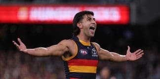 ADELAIDE, AUSTRALIA - MAY 03: Josh Rachele of the Crows celebrates a goal during the 2025 AFL Round 08 match between the Adelaide Crows and the Carlton Blues at Adelaide Oval on May 3, 2025 in Adelaide, Australia. (Photo by James Elsby/AFL Photos via Getty Images)