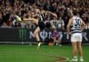 MELBOURNE, AUSTRALIA - MAY 03: Jack Crisp misses a shot on goal after the siren to win the match during the 2025 AFL Round 08 match between the Collingwood Magpies and the Geelong Cats at the Melbourne Cricket Ground on May 3, 2025 in Melbourne, Australia. (Photo by Michael Willson/AFL Photos via Getty Images)