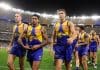 PERTH, AUSTRALIA - MAY 03: Oscar Allen, Tim Kelly & Bo Allan of the Eagles leave the field during the 2025 AFL Round 08 match between the West Coast Eagles and the Melbourne Demons at Optus Stadium on May 3, 2025 in Perth, Australia. (Photo by Janelle St Pierre/AFL Photos via Getty Images)