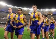 PERTH, AUSTRALIA - MAY 03: Oscar Allen, Tim Kelly & Bo Allan of the Eagles leave the field during the 2025 AFL Round 08 match between the West Coast Eagles and the Melbourne Demons at Optus Stadium on May 3, 2025 in Perth, Australia. (Photo by Janelle St Pierre/AFL Photos via Getty Images)