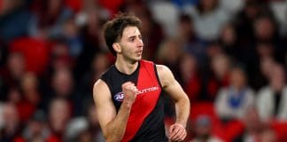 MELBOURNE, AUSTRALIA - MAY 01: Nic Martin of the Bombers celebrates kicking a goalduring the round eight AFL match between Essendon Bombers and North Melbourne Kangaroos at Marvel Stadium, on May 01, 2025, in Melbourne, Australia. (Photo by Josh Chadwick/Getty Images)