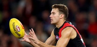 MELBOURNE, AUSTRALIA - MAY 01: Zach Reid of the Bombers marksduring the round eight AFL match between Essendon Bombers and North Melbourne Kangaroos at Marvel Stadium, on May 01, 2025, in Melbourne, Australia. (Photo by Josh Chadwick/Getty Images)