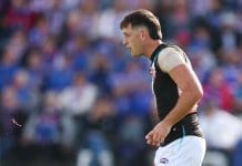 BALLARAT, AUSTRALIA - MAY 03: Blood can be seen in the mouth of Zak Butters of the Power during the round eight AFL match between Western Bulldogs and Port Adelaide Power at Mars Stadium, on May 03, 2025, in Ballarat, Australia. (Photo by Morgan Hancock/Getty Images)