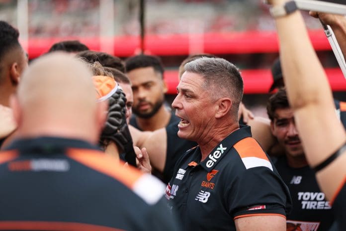 SYDNEY, AUSTRALIA - MAY 04:  Giants head coach Adam Kingsley speaks to players at three quarter time during the round eight AFL match between Sydney Swans and GWS Giants at Sydney Cricket Ground, on May 04, 2025, in Sydney, Australia. (Photo by Matt King/AFL Photos/via Getty Images)