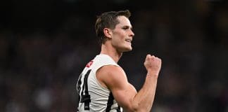 PERTH, AUSTRALIA - MAY 08: Ned Long of the Magpies celebrates a goal during the 2025 AFL Round 09 match between the Fremantle Dockers and the Collingwood Magpies at Optus Stadium on May 8, 2025 in Perth, Australia. (Photo by Daniel Carson/AFL Photos via Getty Images)