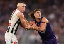 PERTH, AUSTRALIA - MAY 08: Darcy Cameron of the Magpies and Luke Jackson of the Dockers contest the ruck during the round nine AFL match between Fremantle Dockers and Collingwood Magpies at Optus Stadium, on May 08, 2025, in Perth, Australia. (Photo by Paul Kane/Getty Images)