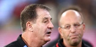 MELBOURNE, AUSTRALIA - MAY 09: Ross Lyon, Senior Coach of the Saints looks on during the round nine AFL match between St Kilda Saints and Carlton Blues at Melbourne Cricket Ground, on May 09, 2025, in Melbourne, Australia. (Photo by Josh Chadwick/AFL Photos/Getty Images)