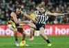 ADELAIDE, AUSTRALIA - MAY 10: Jordan Dawson of the Crows competes with Miles Bergman of the Power  during the round nine AFL match between Port Adelaide Power and Adelaide Crows at Adelaide Oval, on May 10, 2025, in Adelaide, Australia. (Photo by Mark Brake/Getty Images)