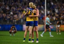 PERTH, AUSTRALIA - MAY 18: Reuben Ginbey and Ryan Maric of the Eagles is happy with the win during the 2025 AFL Round 10 match between Waalitj Marawar (West Coast Eagles) and Euro-Yroke (St Kilda Saints) at Optus Stadium on May 18, 2025 in Perth, Australia. (Photo by Daniel Carson/AFL Photos via Getty Images)