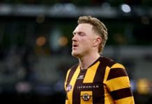 MELBOURNE, AUSTRALIA - MAY 30: James Sicily of the Hawks looks dejected after losing the round 12 AFL match between Collingwood Magpies and Hawthorn Hawks at Melbourne Cricket Ground, on May 30, 2025, in Melbourne, Australia. (Photo by Josh Chadwick/AFL Photos/via Getty Images)