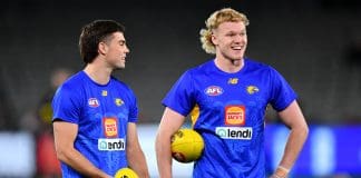 MELBOURNE, AUSTRALIA - JULY 20: Reuben Ginbey and Campbell Chesser of the Eagles look on prior to the round 19 AFL match between St Kilda Saints and West Coast Eagles at Marvel Stadium, on July 20, 2024, in Melbourne, Australia. (Photo by Josh Chadwick/AFL Photos/via Getty Images)