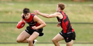 MELBOURNE, AUSTRALIA - JANUARY 16: Vigo Visentini of the Bombers in action during the Essendon Bombers AFL training session at The Hangar on January 16, 2025 in Melbourne, Australia. (Photo by Michael Willson/AFL Photos via Getty Images)