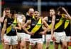 SYDNEY, AUSTRALIA - MAY 31: Tigers players react at full-time during the round 12 AFL match between Greater Western Sydney Giants and Richmond Tigers at ENGIE Stadium, on May 31, 2025, in Sydney, Australia. (Photo by Brendon Thorne/AFL Photos/via Getty Images)