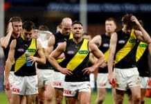 SYDNEY, AUSTRALIA - MAY 31: Tigers players react at full-time during the round 12 AFL match between Greater Western Sydney Giants and Richmond Tigers at ENGIE Stadium, on May 31, 2025, in Sydney, Australia. (Photo by Brendon Thorne/AFL Photos/via Getty Images)