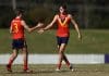 SYDNEY, AUSTRALIA - JUNE 01: Mitchell Marsh (R) of South Australia celebrates kicking a goal with saduring the Marsh AFL National Championships U18 Boys match between Allies and South Australia at Blacktown International Sportspark on June 01, 2025 in Sydney, Australia. (Photo by Jason McCawley/AFL Photos/via Getty Images)