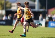 PERTH, AUSTRALIA - JUNE 07: Jacob Farrow of Western Australia in action during the Marsh AFL National Championships U18 Boys match between Western Australia and Victoria Country at Mineral Resources Park, on June 07, 2025, in Perth, Australia. (Photo by Paul Kane/AFL Photos/via Getty Images)