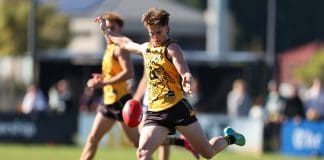 PERTH, AUSTRALIA - JUNE 07: Jacob Farrow of Western Australia in action during the Marsh AFL National Championships U18 Boys match between Western Australia and Victoria Country at Mineral Resources Park, on June 07, 2025, in Perth, Australia. (Photo by Paul Kane/AFL Photos/via Getty Images)