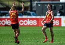 ADELAIDE, AUSTRALIA - JUNE 08: Dyson Sharp (c) of South Australia celebrates a goal during the Marsh AFL National Championships U18 Boys match between South Australia and Victoria Metro at Alberton Oval, on June 08, 2025, in Adelaide, Australia. (Photo by Mark Brake/AFL Photos/via Getty Images)