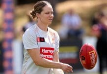 Chloe Dalton of the Giants warms up during the round five AFLW match between North Melbourne Tasmania Kangaroos and Greater Western Sydney Giants at Arden Street Ground, on October 01, 2023, in Melbourne, Australia. (Photo by Kelly Defina/Getty Images)