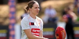 Chloe Dalton of the Giants warms up during the round five AFLW match between North Melbourne Tasmania Kangaroos and Greater Western Sydney Giants at Arden Street Ground, on October 01, 2023, in Melbourne, Australia. (Photo by Kelly Defina/Getty Images)