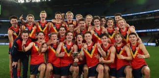 MELBOURNE, AUSTRALIA - JUNE 29: South Australia celebrate after winning the National Championship title following the 2025 Marsh AFL National Championships U18 Boys match between Victoria Country and South Australia at Marvel Stadium on June 29, 2025 in Melbourne, Australia. (Photo by Rob Lawson/AFL Photos)