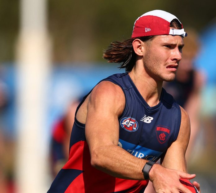 MELBOURNE, AUSTRALIA - APRIL 15: Jai Culley of the Demons trains during a Melbourne Demons AFL training session at Casey Fields on April 15, 2025 in Melbourne, Australia. (Photo by Morgan Hancock/Getty Images)
