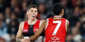MELBOURNE, AUSTRALIA - JUNE 21: Max Hall (left) and Nasiah Wanganeen-Milera of the Saints celebrate during the 2025 AFL Round 15 match between the Collingwood Magpies and the St Kilda Saints at  Marvel Stadium on June 21, 2025 in Melbourne, Australia. (Photo by Michael Willson/AFL Photos via Getty Images)