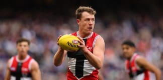 PERTH, AUSTRALIA - JUNE 29: Jack Macrae of the Saints in action during the round 16 AFL match between Fremantle Dockers and St Kilda Saints at Optus Stadium on June 29, 2025 in Perth, Australia. (Photo by Paul Kane/Getty Images)