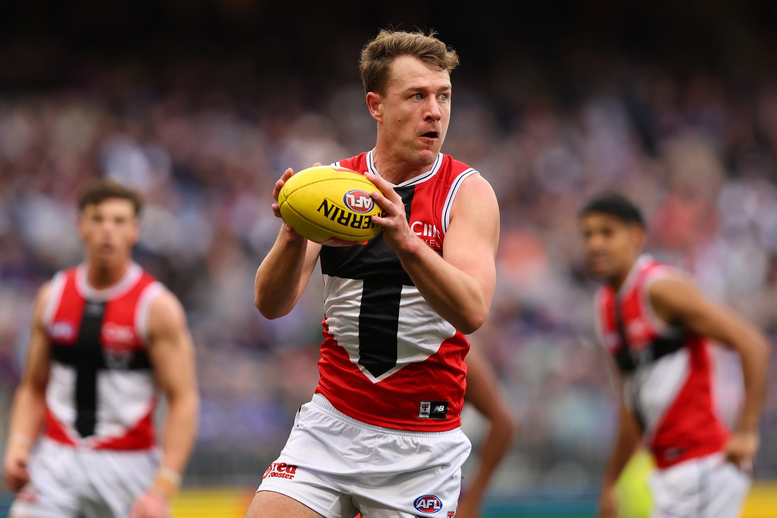 PERTH, AUSTRALIA - JUNE 29: Jack Macrae of the Saints in action during the round 16 AFL match between Fremantle Dockers and St Kilda Saints at Optus Stadium on June 29, 2025 in Perth, Australia. (Photo by Paul Kane/Getty Images)
