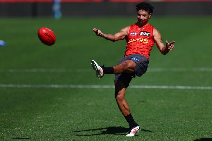 GOLD COAST, AUSTRALIA - JULY 24: Malcolm Rosas during a Gold Coast Suns training session on July 24, 2025 in Gold Coast, Australia. (Photo by Chris Hyde/AFL Photos/via Getty Images)