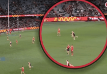 Nate Caddy crashes into an umpire. Credit: Fox Footy coverage
